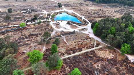 tranquil blue pond in serene landscape. a serene aerial view shows a tranquil blue pond surrounded by earthy tones and greenery under a clear sky