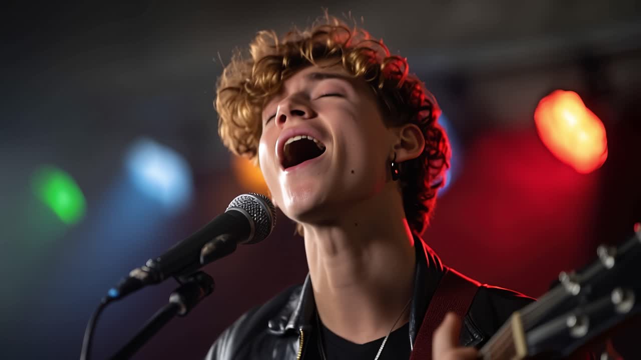Passionate Young Musician Singing and Playing Guitar on Stage
