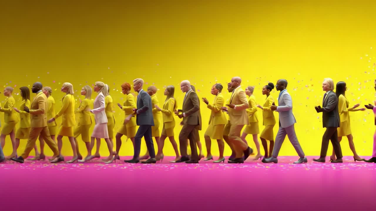 A Vibrant Procession of Elegantly Dressed Individuals in Yellow Suits Walking Enthusiastically Against a Bright Yellow Background with Pink Accents, Celebrating Style and Unity