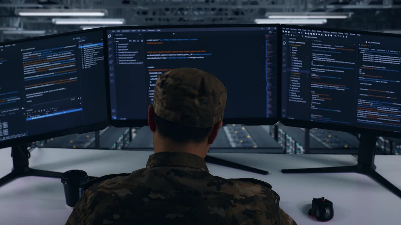 Back View Of Asian Military Having Headache While Write Code With Multiple Computer Screens In Data Center
