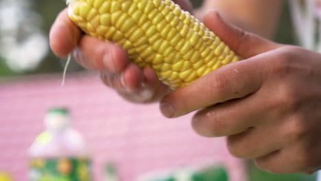 man peel bark from freshly picked corn, close shot