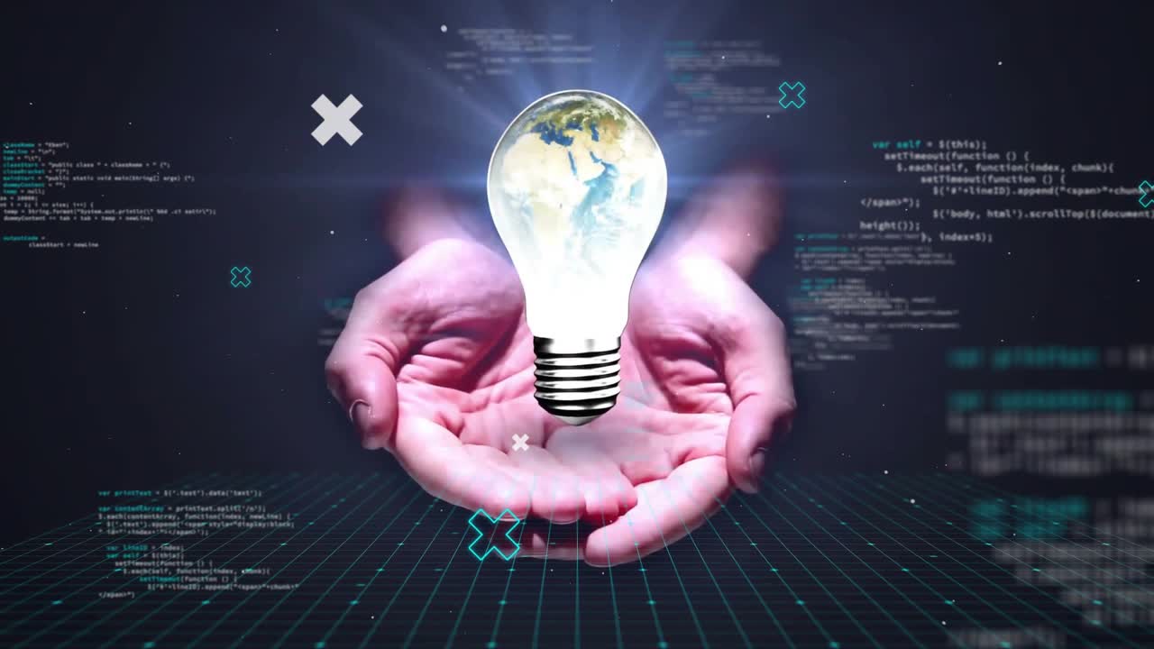 Animation of lightbulb with woman's hands and data processing over dark background