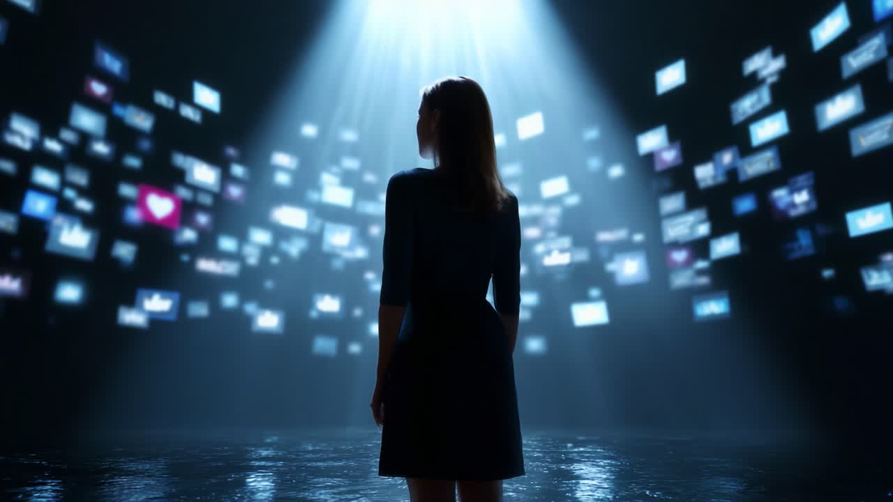 A lone figure stands in a darkened environment illuminated by beams of light, surrounded by floating screens displaying various icons and images, symbolizing the overwhelming influence of technology and media on individual identity