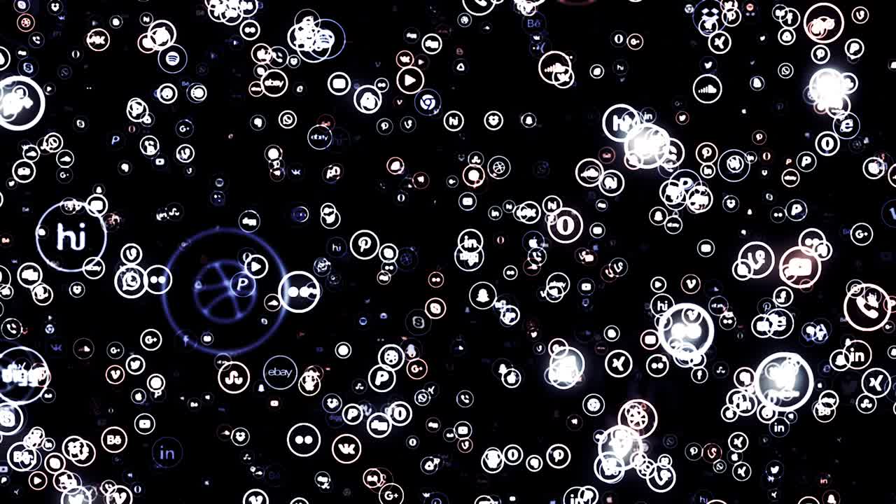 Editorial use only. Collection of popular social media icons flying on black background, seamless loop. Animation. Famous logos of modern social network