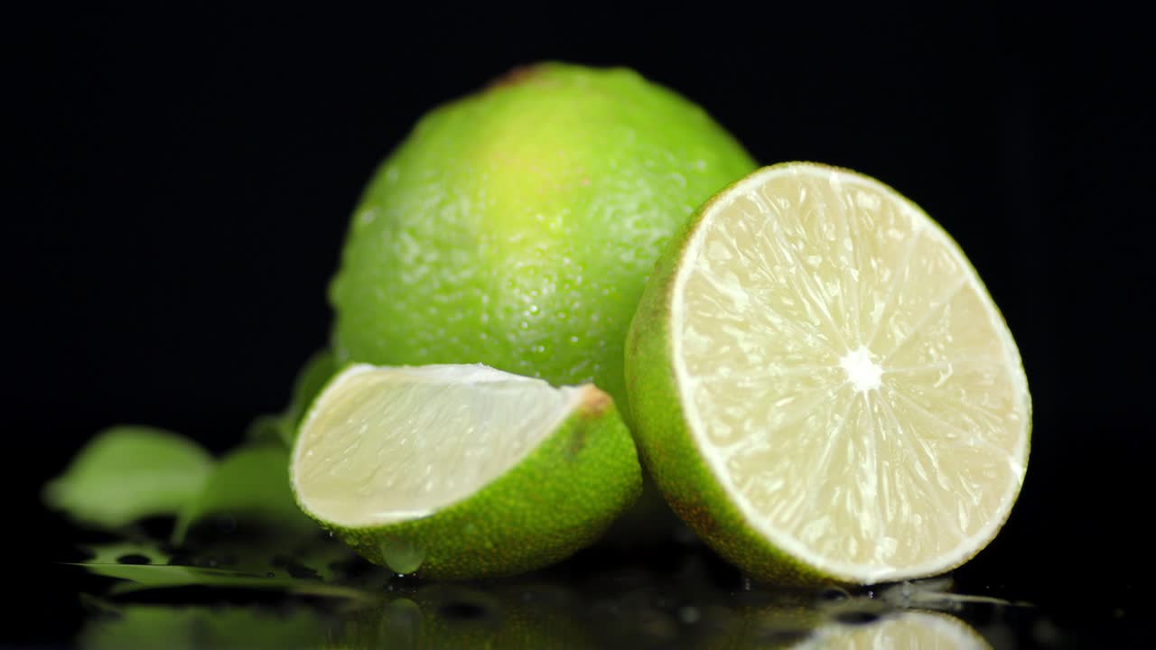 Half and whole lime falling water drops.