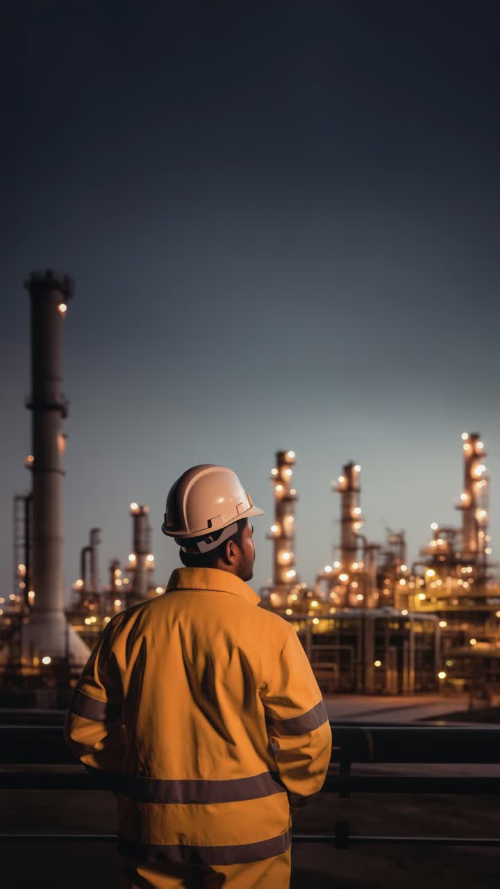 A worker in a hard hat and yellow jacket is seen from behind, gazing at an illuminated industrial