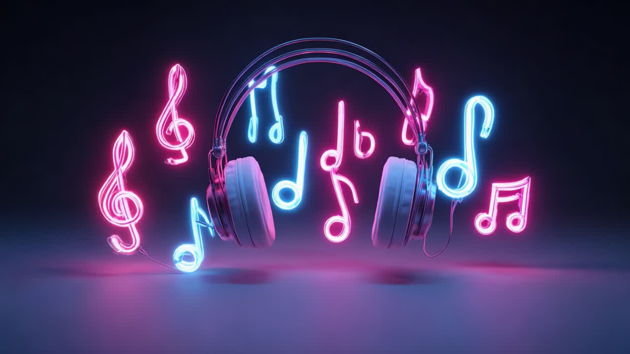 Vibrant Neon Headphones Surrounded by Colorful Musical Notes, Creating an Energetic Atmosphere that Captures the Essence of Music and Creativity, Perfect for Audiophiles and Art Enthusiasts
