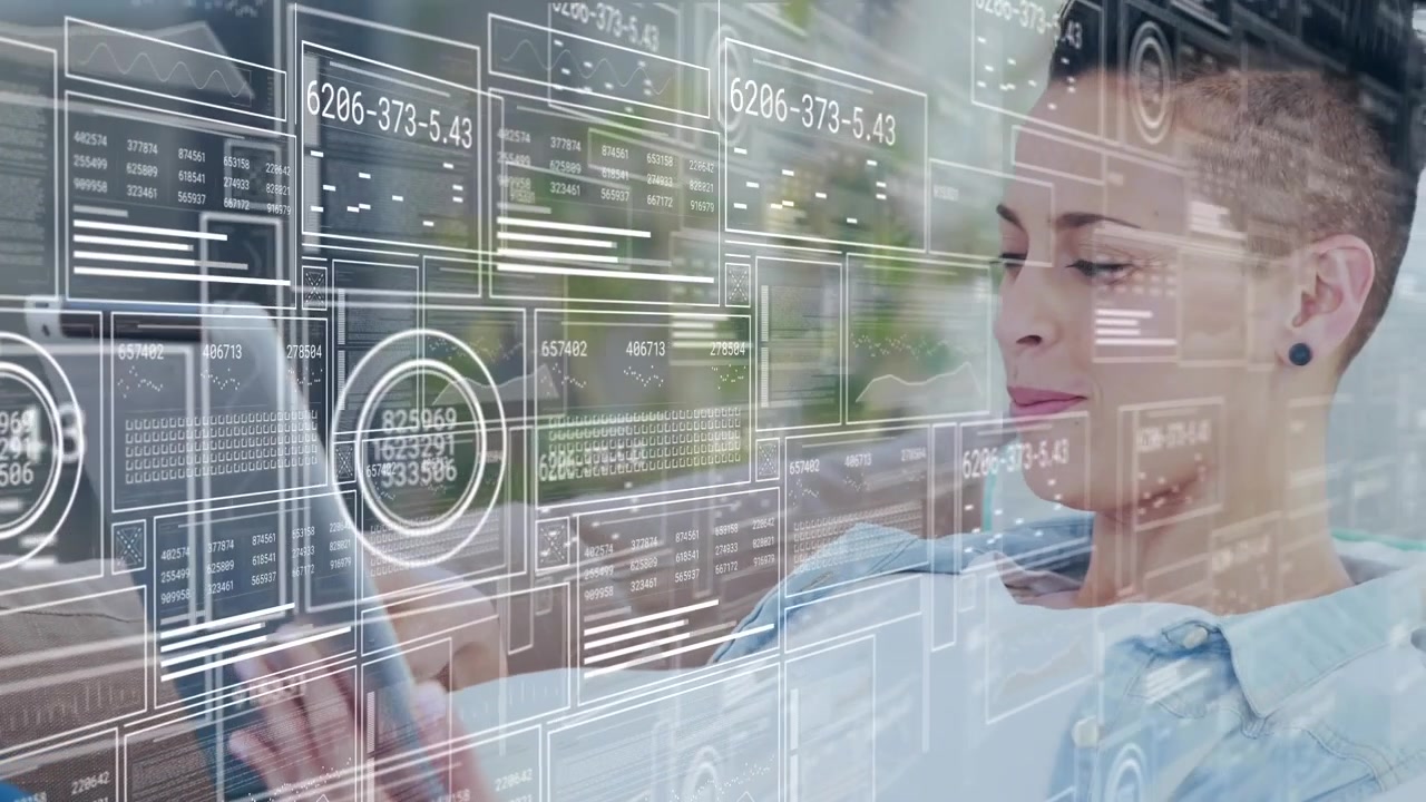 Animation of data processing over woman using tablet