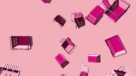 purple plastic shopping baskets on pink background.