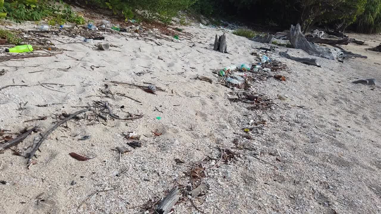 A clear tideline shows the waste that has been brought onto this remote beach from the Andaman sea in India