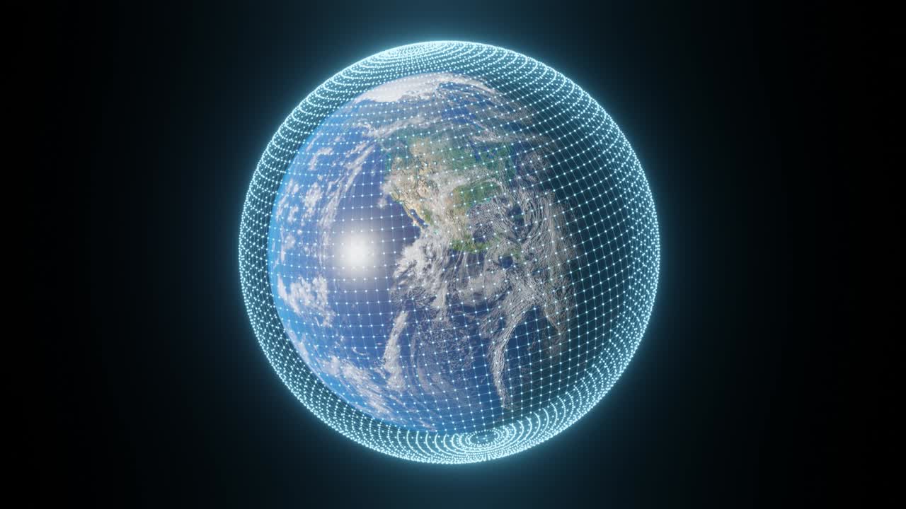회전하는 행성 지구, 기술 비디오 영상, 통신 개념