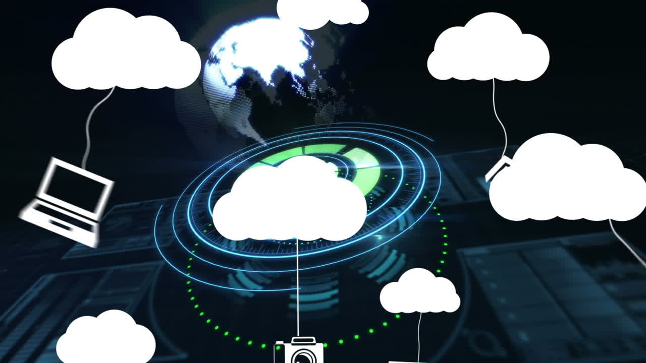 Animation of clouds with icons over globe