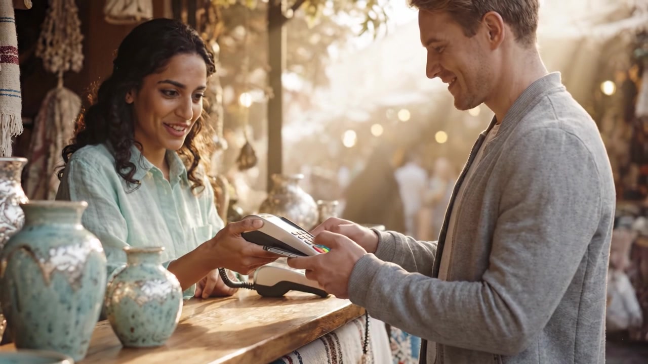 A Happy Interaction at a Market: A Merchant and Customer Engaging in a Friendly Transaction Surrounded by Beautiful Pottery and Crafts Under Warm Light