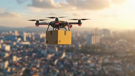 drone delivery in a cityscape