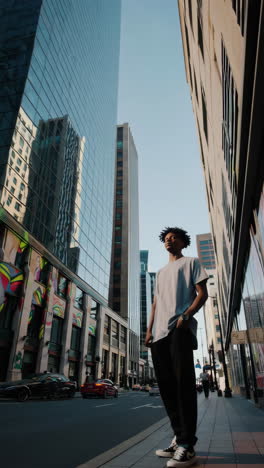 urban street scene with tall buildings and pedestrians