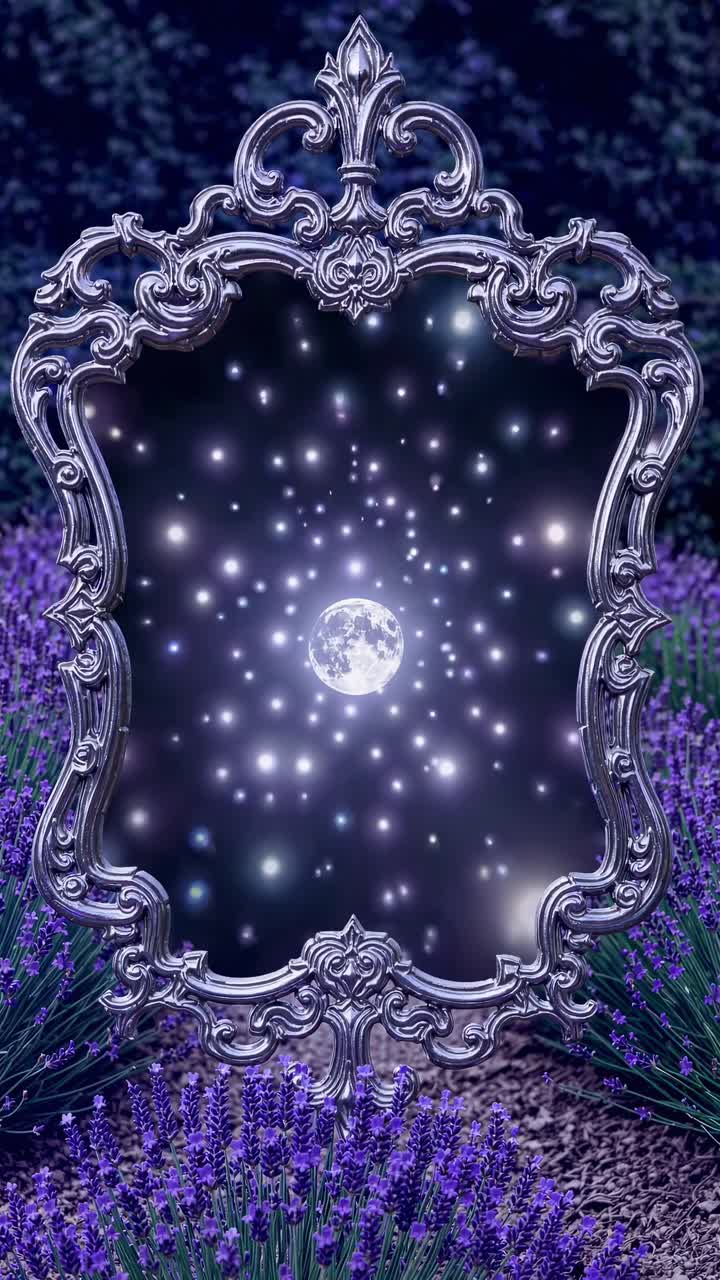 A vintage ornate mirror reflects a cosmic scene with a glowing orb, captured from a front angle