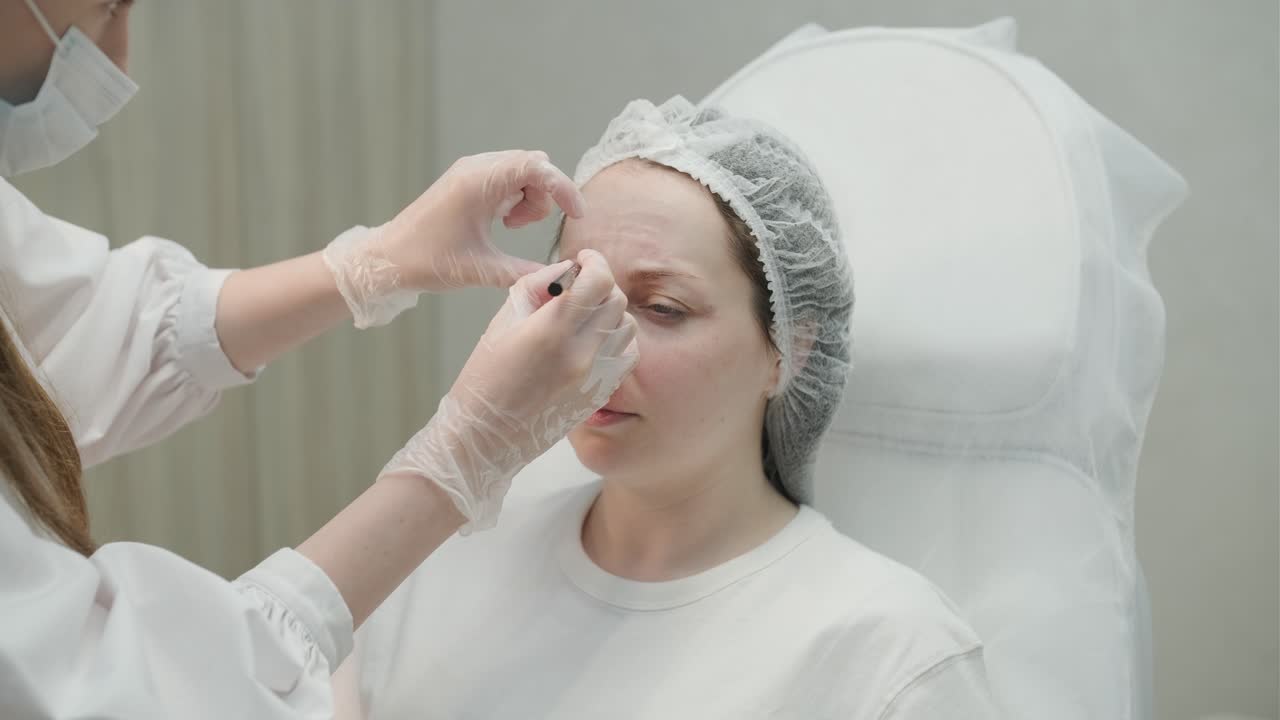 얼굴 주사 절차를 수행하는 미용 전문가