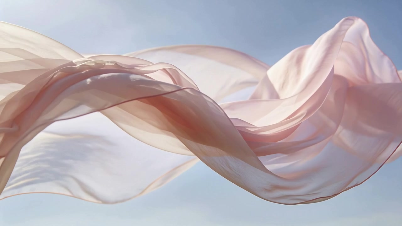Tissu transparent ondulant montrant des plis sur un ciel bleu pâle, une douce brise déplaçant le tissu.