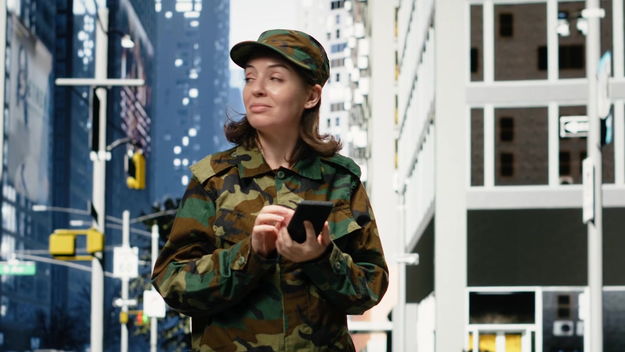 Primo piano di soldatessa sorridente che usa lo smartphone nel centro della città