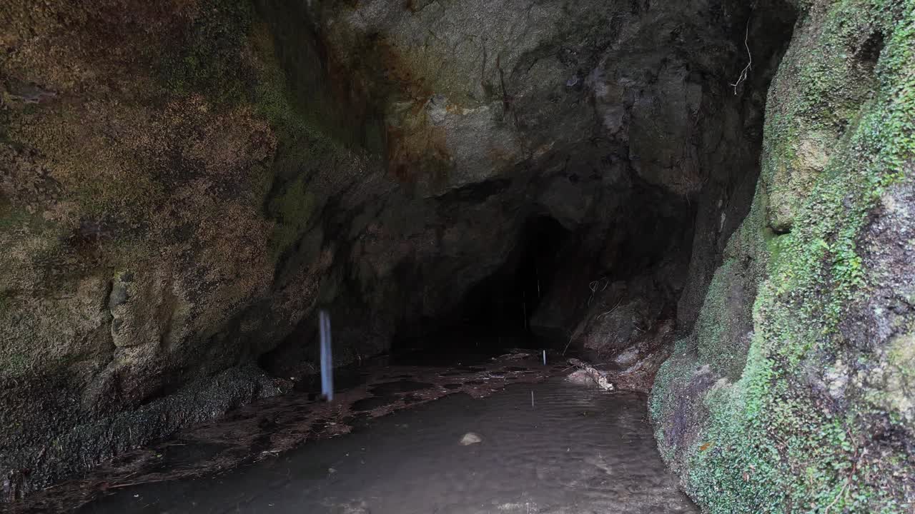 Water dripping in slow motion inside a humid cave
