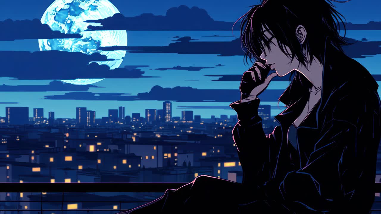 Anime-style video concept with a side profile of a pensive character on a rooftop, cityscape