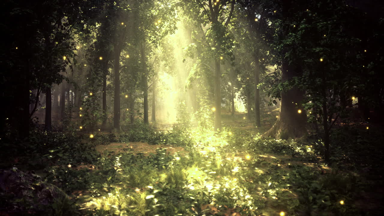 Light filters through trees illuminating a magical forest glade