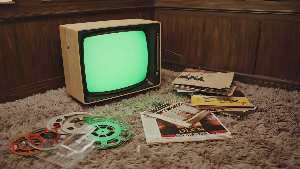 Vintage television set with film reels and magazines on carpet