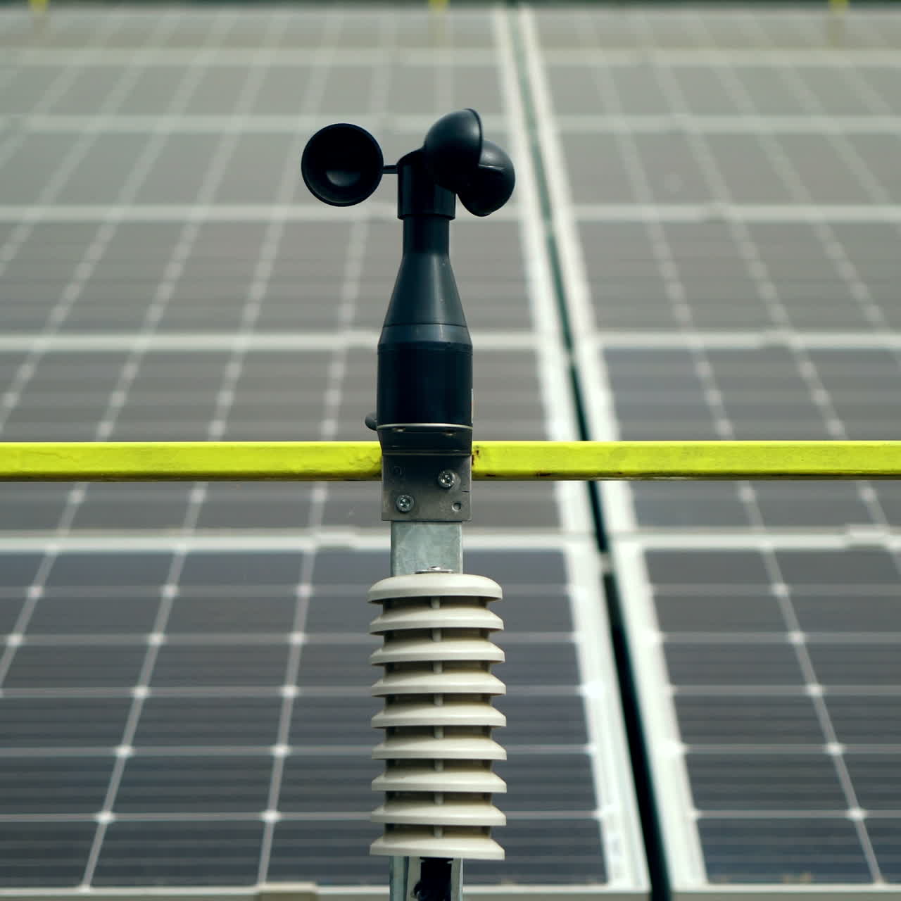 Weather station for measuring wind velocity background solar cells. Alternative source of electricity. Solar farm.