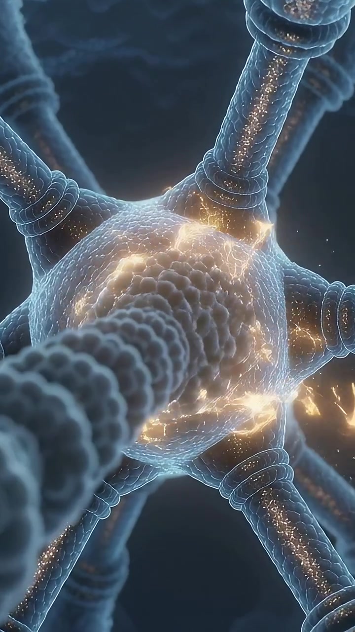 Video verticale: Soma neuronale che emette un bagliore in laboratorio dopo il movimento di particelle, con assone e dendriti