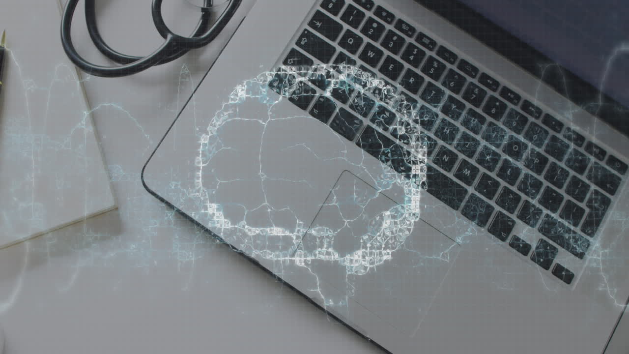 모양의 애니메이션과 디지털 두뇌를 스테토스코프와 노트북으로