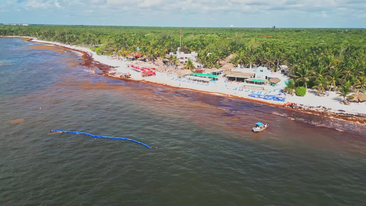 Seaside beach maintenance, canopy vessel transportation, aerial view