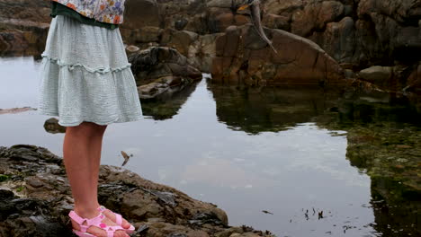 chica sostiene un súper pez cliff que ella atrapó en el océano rockpool en la costa