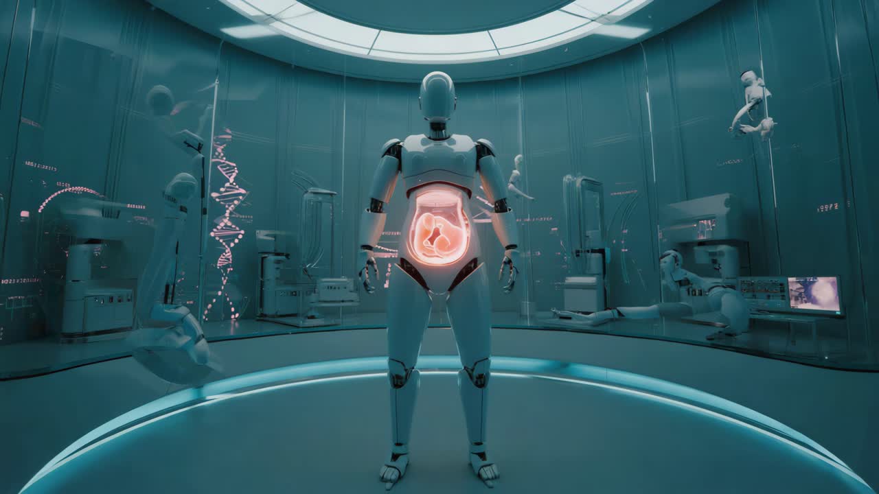 Futuristic Robot Displaying Fetus in Advanced Biotechnology Lab