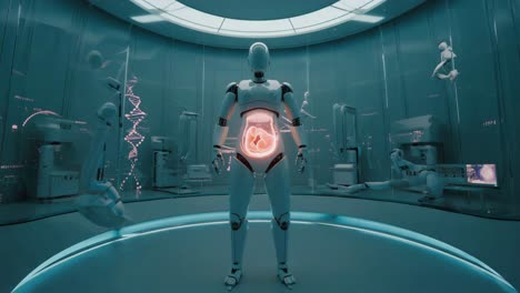 futuristic robot displaying fetus in advanced biotechnology lab