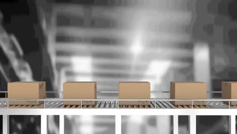 animation of cardboard boxes moving on conveyor belt in warehouse