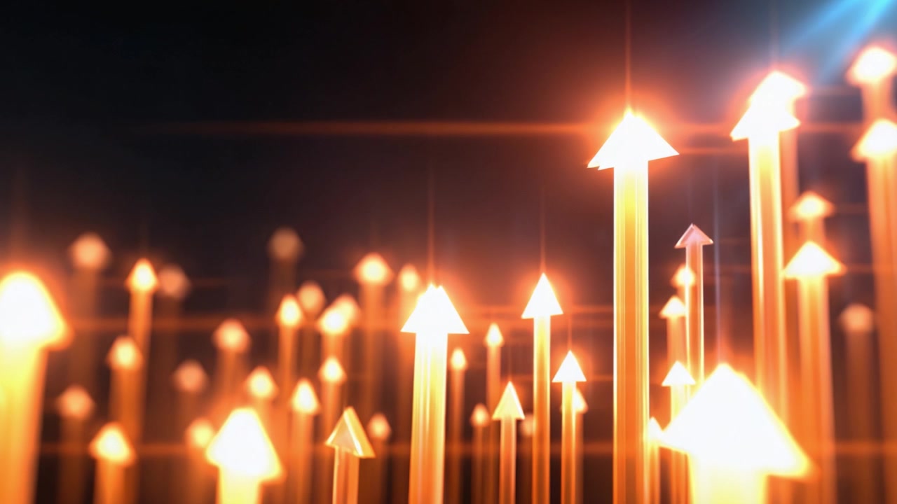 Dynamic Rise of Glowing Arrows Representing Progress and Growth in a Stunning Visual Display of Light, Energy, and Positive Directional Movement