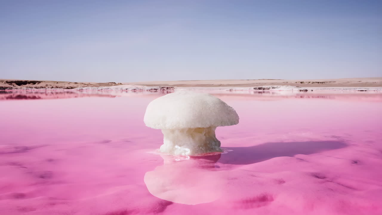 Mushroom-shaped Salt Formation in a Vibrant Pink Lake
