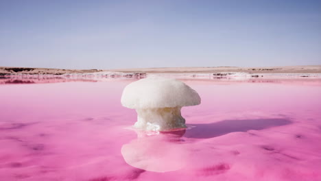 mushroom-shaped salt formation in a vibrant pink lake