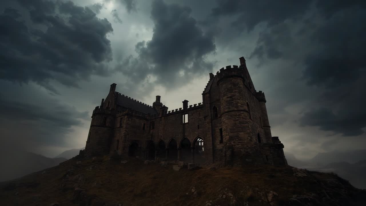 Panning camera revealing medieval stone fortress on rocky hilltop, swirling mist and storm clouds