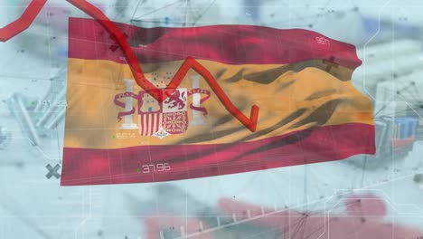 Animation-Von-Grafiken-Und-Datenverarbeitung-über-Der-Flagge-Spaniens-Auf-Schwarzem-Hintergrund