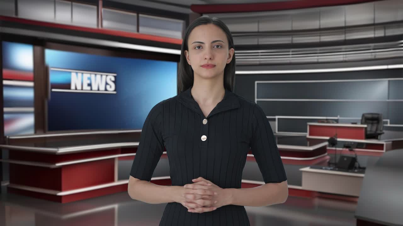 행복한 인도 여성 뉴스 커가 카메라를 바라보고 있습니다.