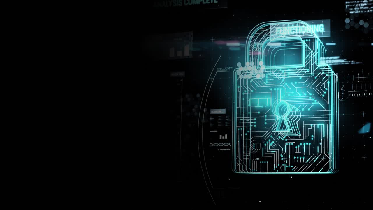 Animation of online security padlock with data processing in background