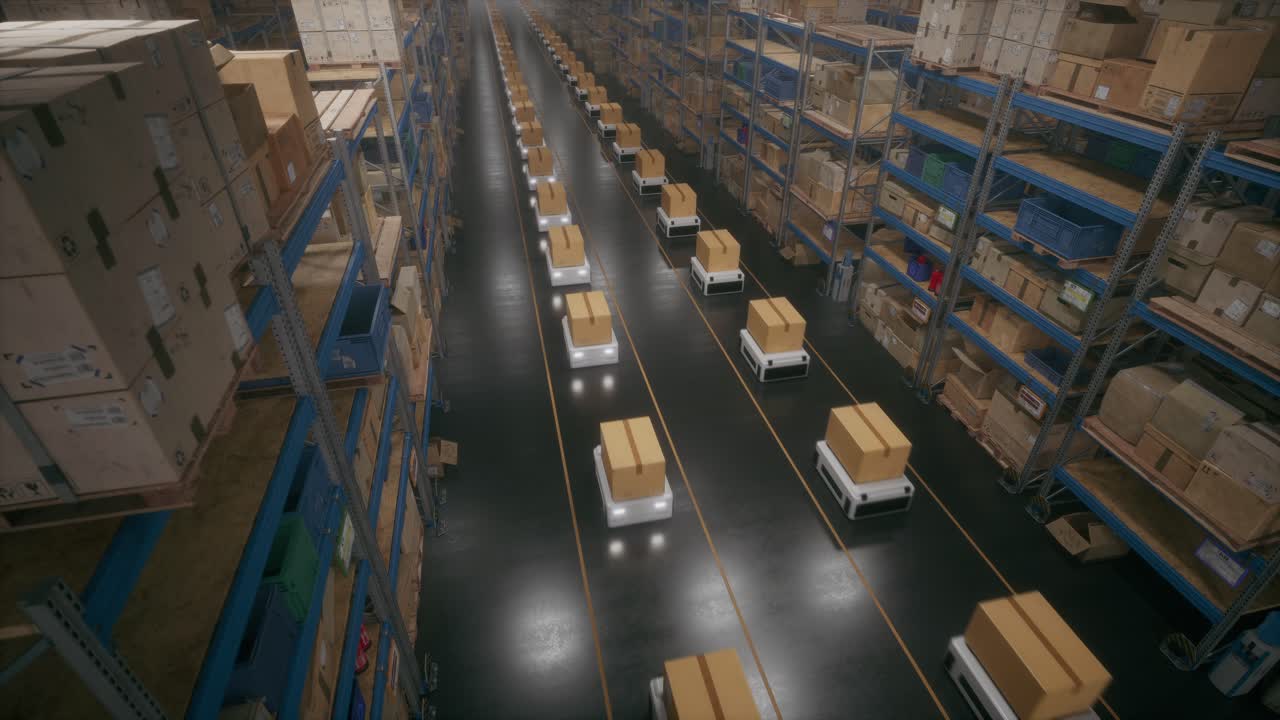 Autonomous Delivery Robots Working In A Modern Warehouse