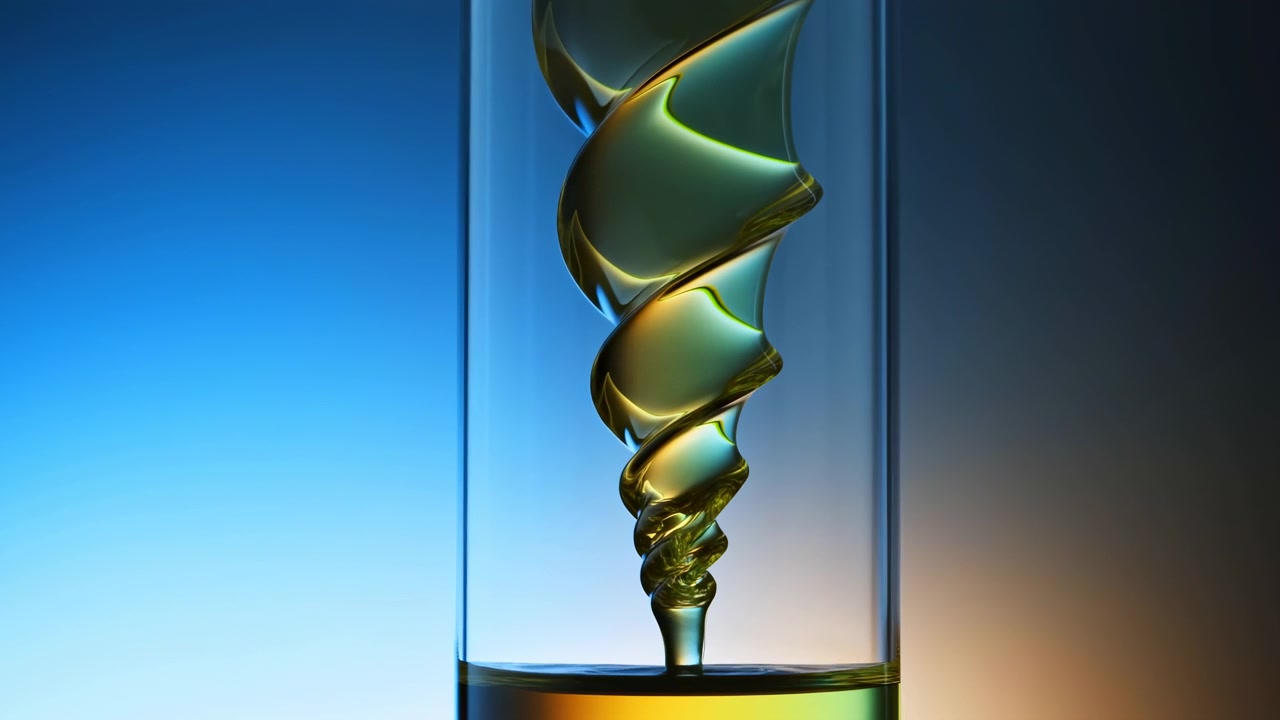 A mesmerizing abstract spiral structure observed in a modern futuristic setting, featuring a glass-like material and gradient colors. The static perspective with a slight zoom effect across.
