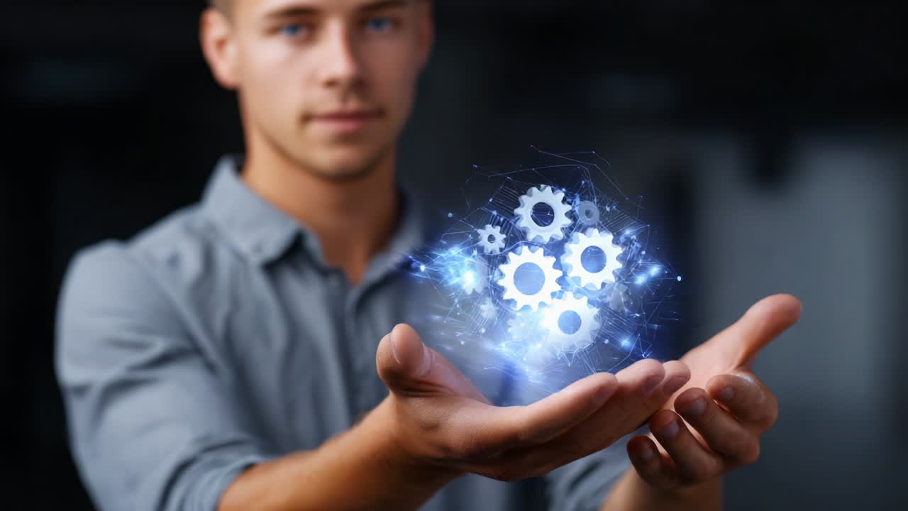 A Young Man Holding a Glowing Sphere of Interconnected Gears in His Hands, Symbolizing Technology, Innovation, and the Interplay of Mechanical and Digital Elements, Set Against a Dark Background