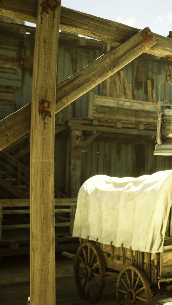 Rustic wooden structure with a traditional lantern and a covered wagon
