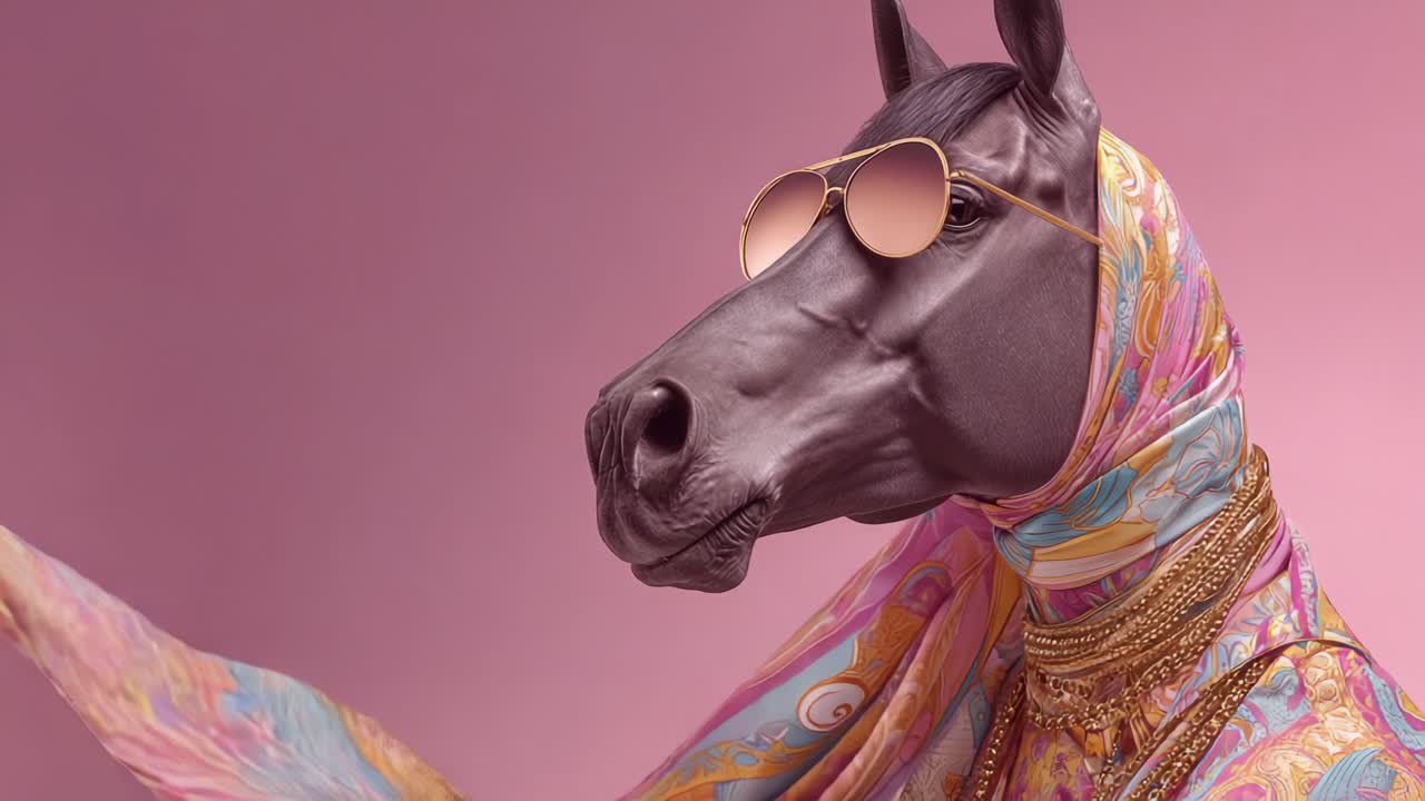 Un cavallo elegante modella accessori di moda e abbigliamento raffinato con occhiali da sole su uno sfondo rosa, incarnando lusso e creatività artistica
