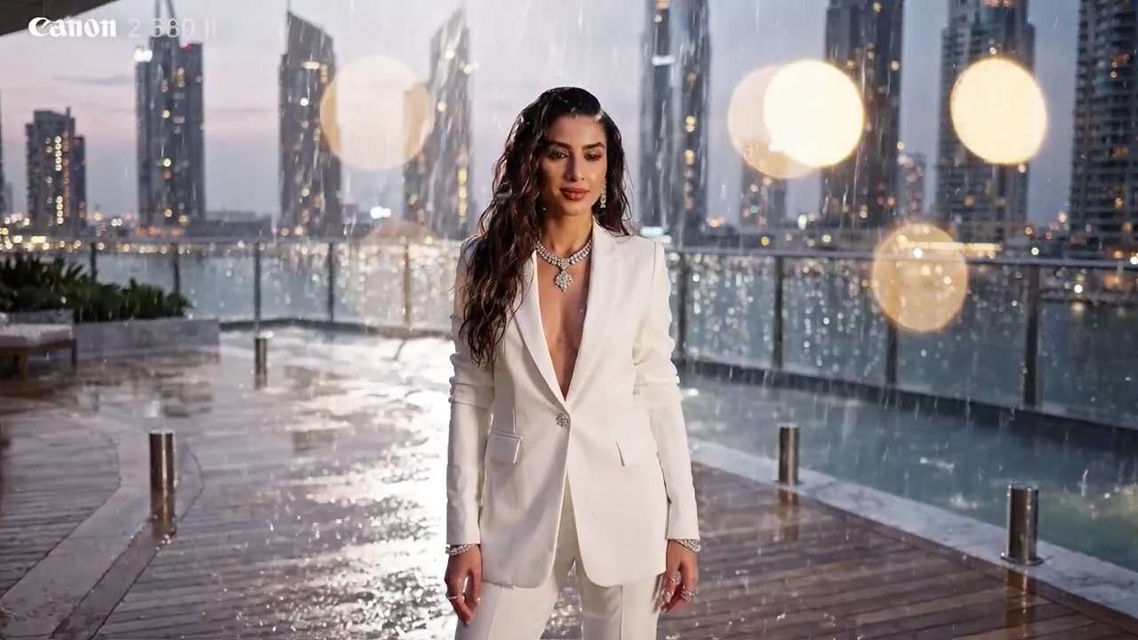 Modelo elegante de pie en un entorno urbano lluvioso con rascacielos de fondo, capturada durante la hora dorada con impresionantes reflejos de agua en una superficie lisa