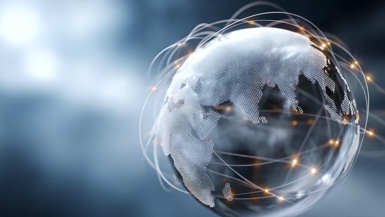A Dynamic Globe Representation with Connectivity Lines Illustrating Global Interaction, Data Flow, and Digital Networks in a Modern Visual Landscape