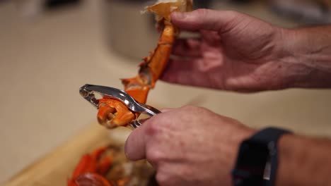 hands cracking and extracting crab meat